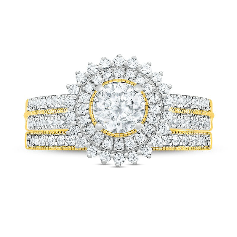 1.0 CT. T.W. Natural Diamond Sunburst Frame Antique Vintage-Style Bridal Engagement Ring Set in Solid 10K Yellow Gold