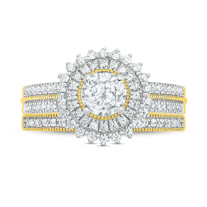 1.0 CT. T.W. Natural Diamond Sunburst Frame Antique Vintage-Style Bridal Engagement Ring Set in Solid 10K Yellow Gold