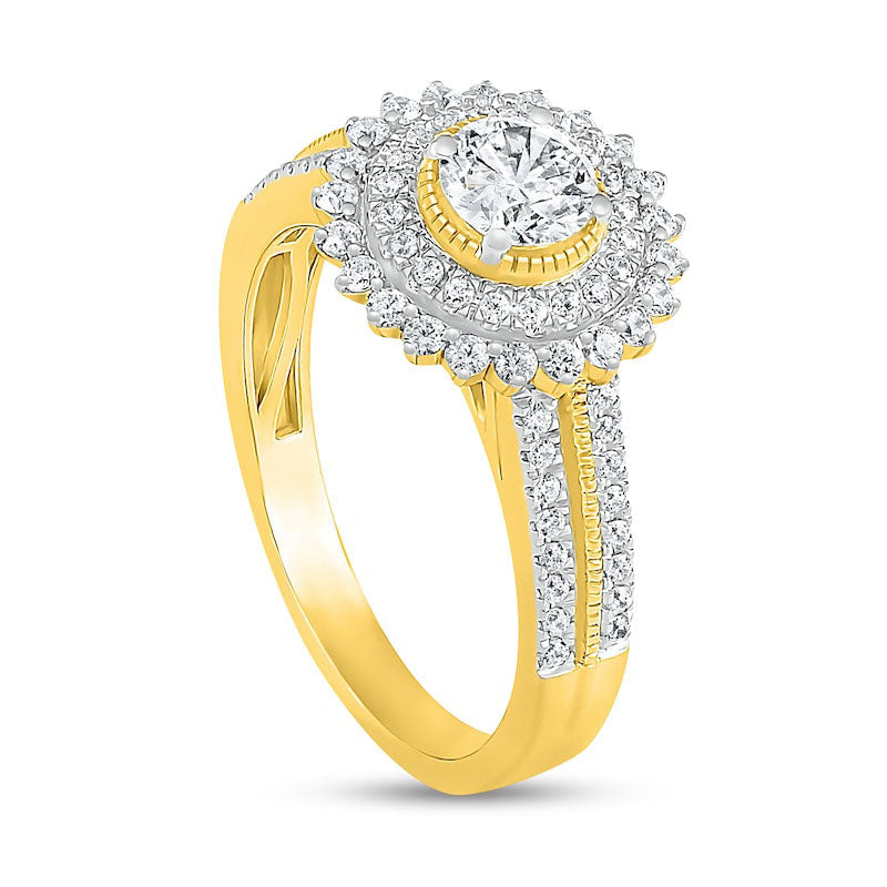 1.0 CT. T.W. Natural Diamond Sunburst Frame Antique Vintage-Style Bridal Engagement Ring Set in Solid 10K Yellow Gold