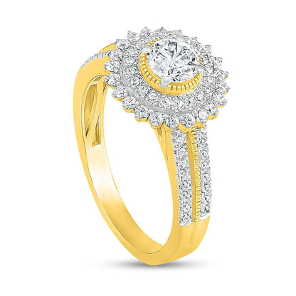 1.0 CT. T.W. Natural Diamond Sunburst Frame Antique Vintage-Style Bridal Engagement Ring Set in Solid 10K Yellow Gold