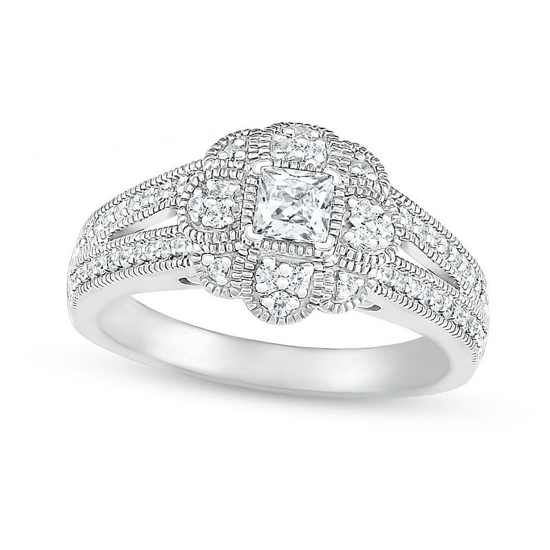 0.63 CT. T.W. Princess-Cut Natural Diamond Frame Art Deco Antique Vintage-Style Bridal Engagement Ring Set in Solid 10K White Gold