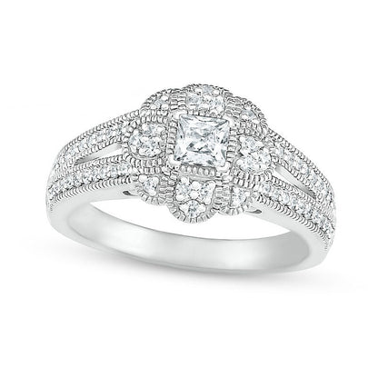 0.63 CT. T.W. Princess-Cut Natural Diamond Frame Art Deco Antique Vintage-Style Bridal Engagement Ring Set in Solid 10K White Gold