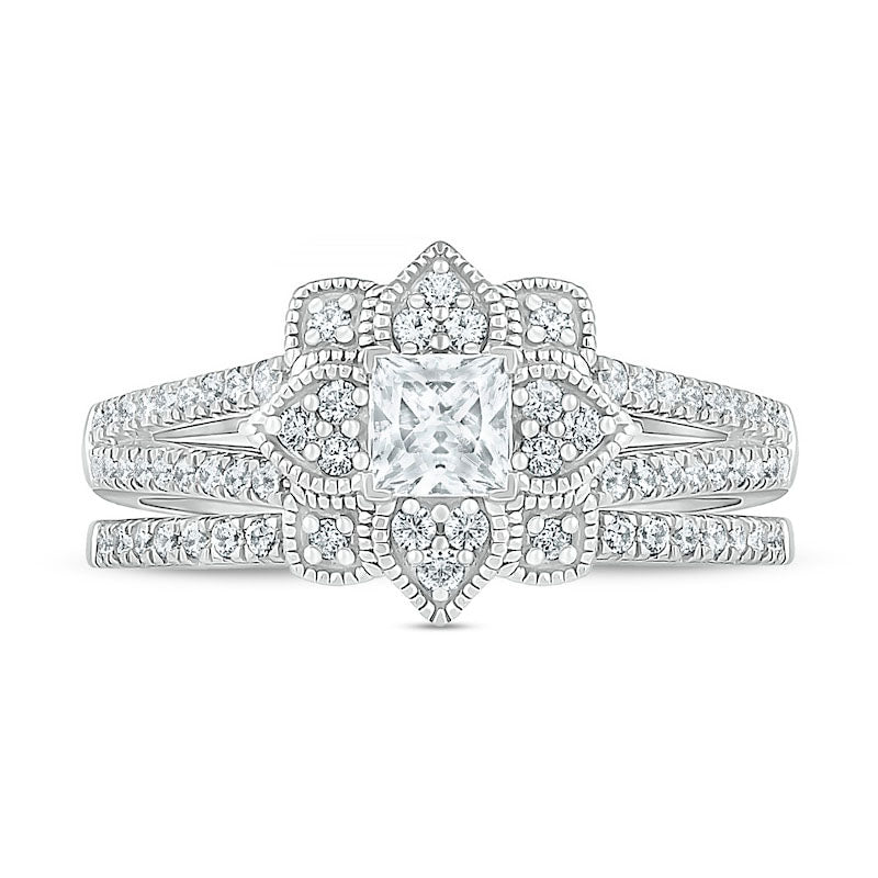 0.75 CT. T.W. Princess-Cut Natural Diamond Flower Frame Antique Vintage-Style Bridal Engagement Ring Set in Solid 10K White Gold