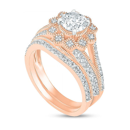 1.25 CT. T.W. Natural Diamond Flower Frame Antique Vintage-Style Bridal Engagement Ring Set in Solid 10K Rose Gold