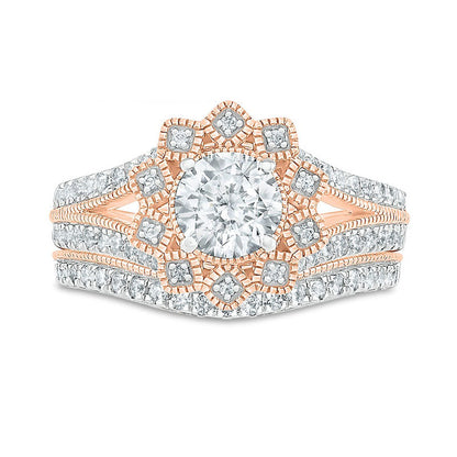 1.25 CT. T.W. Natural Diamond Flower Frame Antique Vintage-Style Bridal Engagement Ring Set in Solid 10K Rose Gold