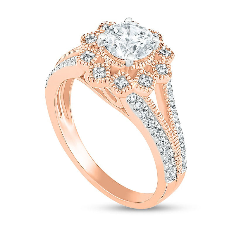 1.25 CT. T.W. Natural Diamond Flower Frame Antique Vintage-Style Bridal Engagement Ring Set in Solid 10K Rose Gold