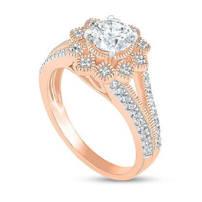 1.25 CT. T.W. Natural Diamond Flower Frame Antique Vintage-Style Bridal Engagement Ring Set in Solid 10K Rose Gold