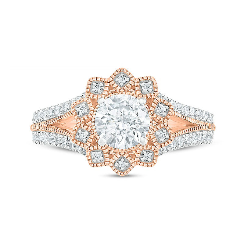 1.25 CT. T.W. Natural Diamond Flower Frame Antique Vintage-Style Bridal Engagement Ring Set in Solid 10K Rose Gold