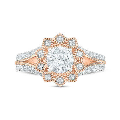1.25 CT. T.W. Natural Diamond Flower Frame Antique Vintage-Style Bridal Engagement Ring Set in Solid 10K Rose Gold