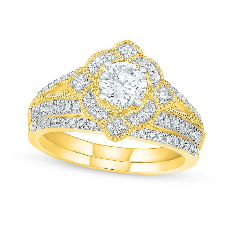 1.0 CT. T.W. Natural Diamond Tilted Frame Antique Vintage-Style Bridal Engagement Ring Set in Solid 10K Yellow Gold