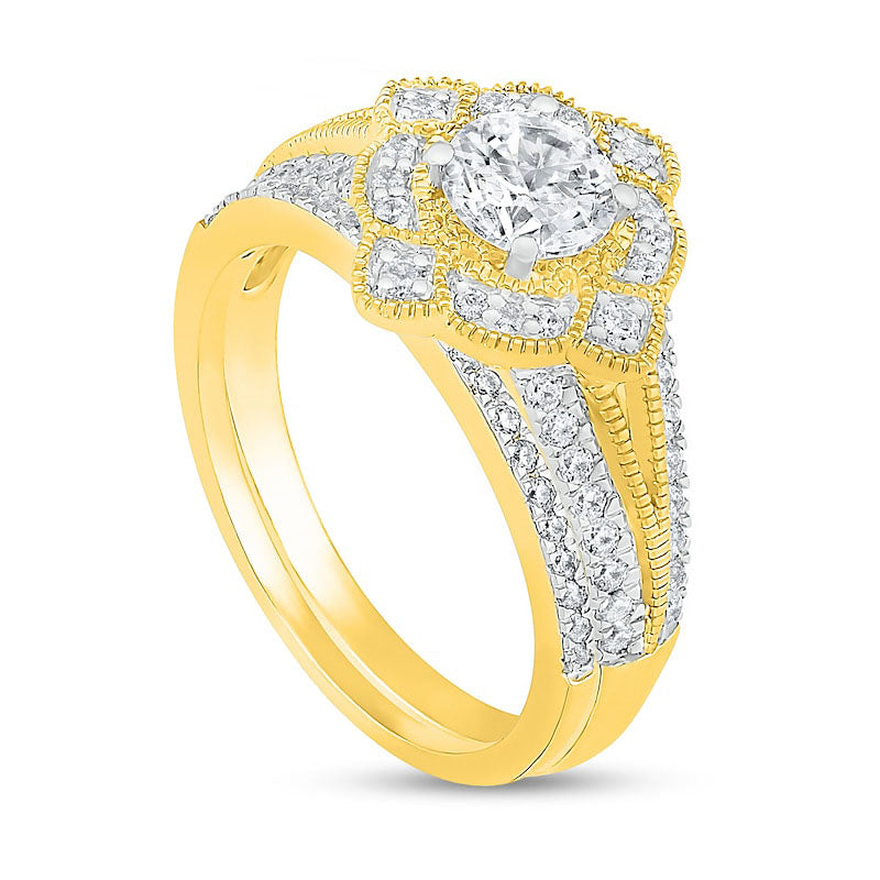 1.0 CT. T.W. Natural Diamond Tilted Frame Antique Vintage-Style Bridal Engagement Ring Set in Solid 10K Yellow Gold