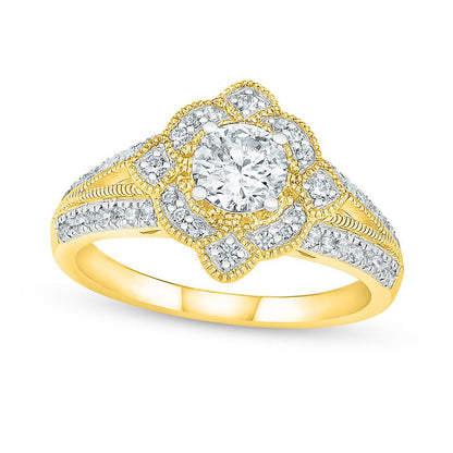 1.0 CT. T.W. Natural Diamond Tilted Frame Antique Vintage-Style Bridal Engagement Ring Set in Solid 10K Yellow Gold