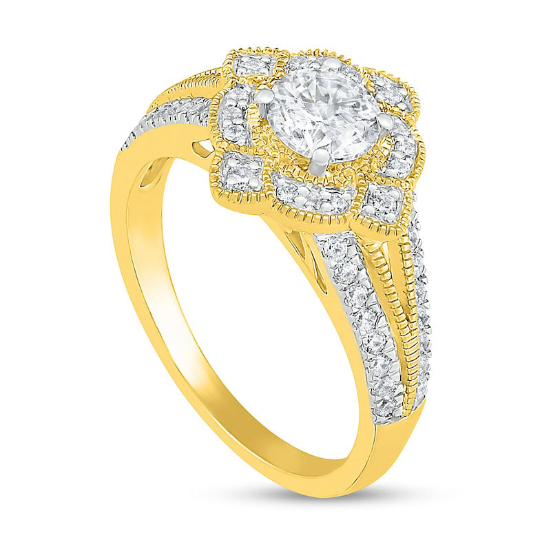 1.0 CT. T.W. Natural Diamond Tilted Frame Antique Vintage-Style Bridal Engagement Ring Set in Solid 10K Yellow Gold