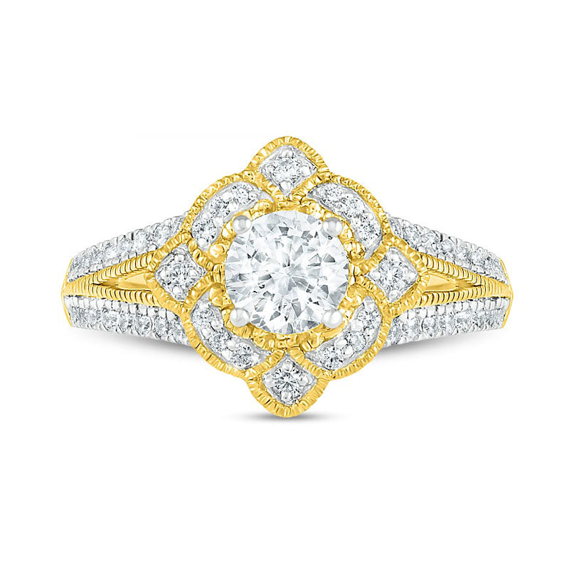 1.0 CT. T.W. Natural Diamond Tilted Frame Antique Vintage-Style Bridal Engagement Ring Set in Solid 10K Yellow Gold