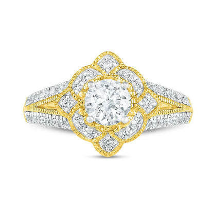 1.0 CT. T.W. Natural Diamond Tilted Frame Antique Vintage-Style Bridal Engagement Ring Set in Solid 10K Yellow Gold