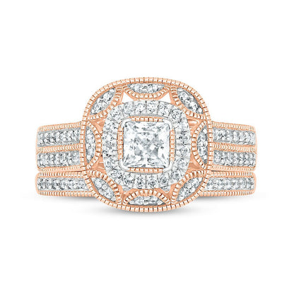 0.75 CT. T.W. Princess-Cut Natural Diamond Double Cushion Frame Antique Vintage-Style Bridal Engagement Ring Set in Solid 10K Rose Gold
