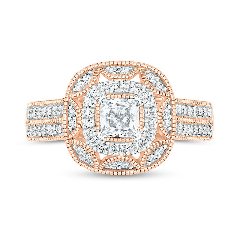 0.75 CT. T.W. Princess-Cut Natural Diamond Double Cushion Frame Antique Vintage-Style Bridal Engagement Ring Set in Solid 10K Rose Gold