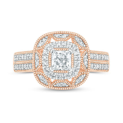0.75 CT. T.W. Princess-Cut Natural Diamond Double Cushion Frame Antique Vintage-Style Bridal Engagement Ring Set in Solid 10K Rose Gold