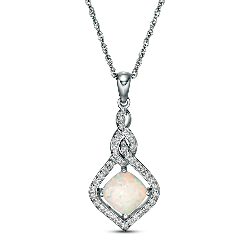 7.0mm Cushion-Cut Lab-Created Opal and White Sapphire Cascading Open Flame Pendant in Sterling Silver