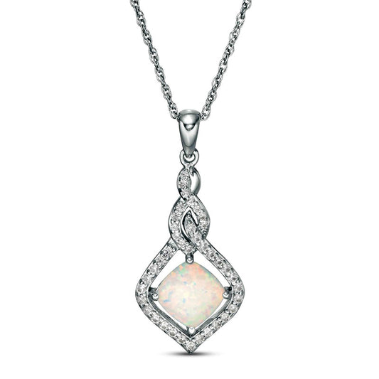 7.0mm Cushion-Cut Lab-Created Opal and White Sapphire Cascading Open Flame Pendant in Sterling Silver