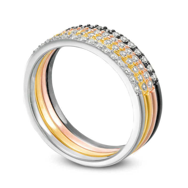 White Lab-Created Sapphire Stackable Band Set in Sterling Silver with Solid 18K Yellow and Rose GP and Black Rhodium - Size 7