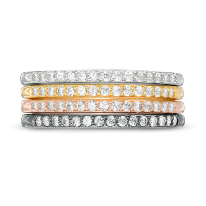 White Lab-Created Sapphire Stackable Band Set in Sterling Silver with Solid 18K Yellow and Rose GP and Black Rhodium - Size 7