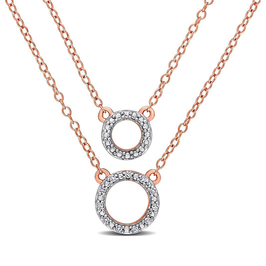 0.05 CT. T.W. Natural Diamond Double Strand Layered Circle Necklace in Sterling Silver with Rose Rhodium Plate - 19"