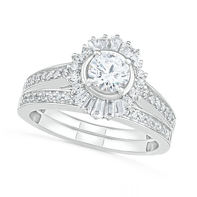 1.0 CT. T.W. Baguette and Round Natural Diamond Sunburst Frame Bridal Engagement Ring Set in Solid 10K White Gold