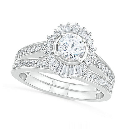 1.0 CT. T.W. Baguette and Round Natural Diamond Sunburst Frame Bridal Engagement Ring Set in Solid 10K White Gold