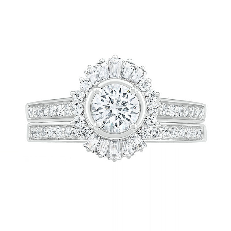 1.0 CT. T.W. Baguette and Round Natural Diamond Sunburst Frame Bridal Engagement Ring Set in Solid 10K White Gold