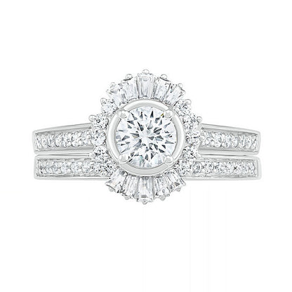 1.0 CT. T.W. Baguette and Round Natural Diamond Sunburst Frame Bridal Engagement Ring Set in Solid 10K White Gold
