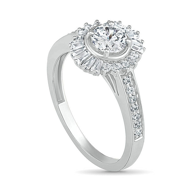 1.0 CT. T.W. Baguette and Round Natural Diamond Sunburst Frame Bridal Engagement Ring Set in Solid 10K White Gold