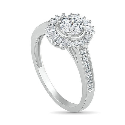 1.0 CT. T.W. Baguette and Round Natural Diamond Sunburst Frame Bridal Engagement Ring Set in Solid 10K White Gold