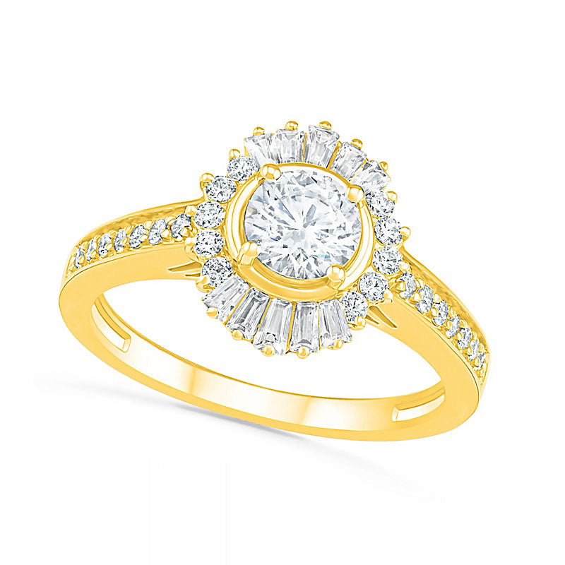 1.0 CT. T.W. Baguette and Round Natural Diamond Sunburst Frame Bridal Engagement Ring Set in Solid 10K Yellow Gold