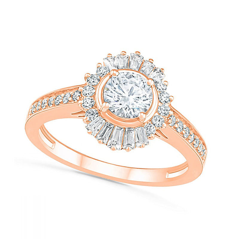 1.0 CT. T.W. Baguette and Round Natural Diamond Sunburst Frame Bridal Engagement Ring Set in Solid 10K Rose Gold