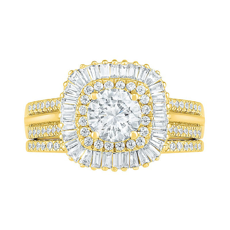 1.5 CT. T.W. Baguette and Round Natural Diamond Cushion-Shaped Sunburst Frame Bridal Engagement Ring Set in Solid 10K Yellow Gold