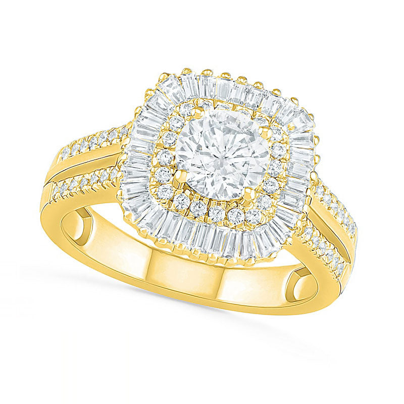 1.5 CT. T.W. Baguette and Round Natural Diamond Cushion-Shaped Sunburst Frame Bridal Engagement Ring Set in Solid 10K Yellow Gold