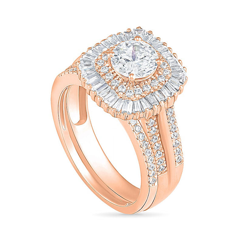 1.5 CT. T.W. Baguette and Round Natural Diamond Cushion-Shaped Sunburst Frame Bridal Engagement Ring Set in Solid 10K Rose Gold