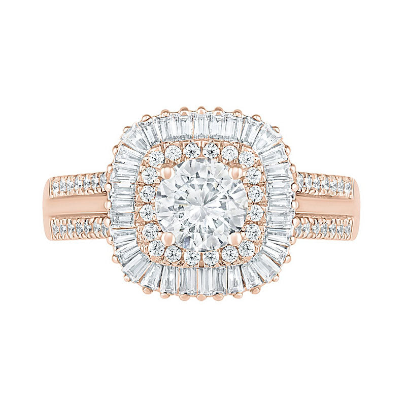 1.5 CT. T.W. Baguette and Round Natural Diamond Cushion-Shaped Sunburst Frame Bridal Engagement Ring Set in Solid 10K Rose Gold