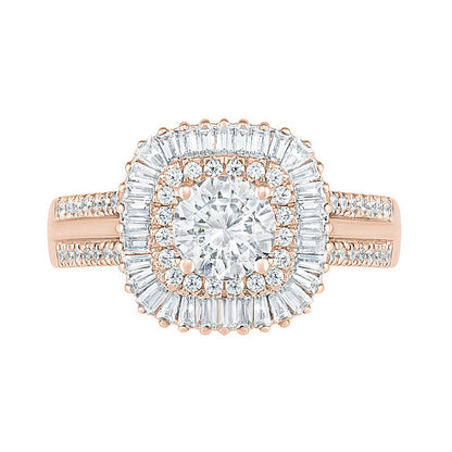1.5 CT. T.W. Baguette and Round Natural Diamond Cushion-Shaped Sunburst Frame Bridal Engagement Ring Set in Solid 10K Rose Gold