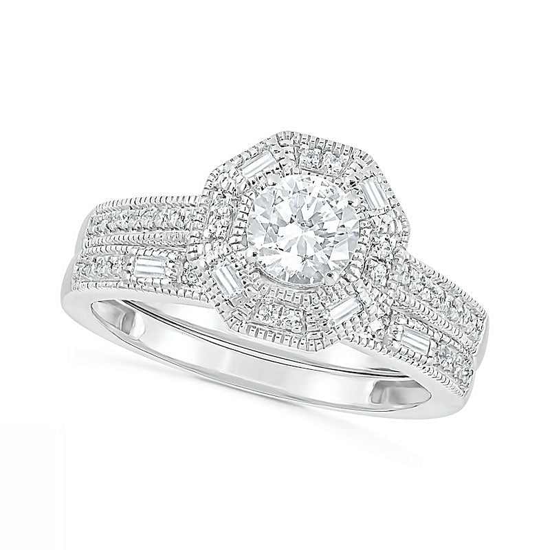0.75 CT. T.W. Baguette and Round Natural Diamond Octagonal Frame Antique Vintage-Style Bridal Engagement Ring Set in Solid 10K White Gold