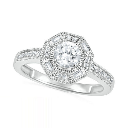 0.75 CT. T.W. Baguette and Round Natural Diamond Octagonal Frame Antique Vintage-Style Bridal Engagement Ring Set in Solid 10K White Gold