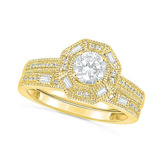 0.75 CT. T.W. Baguette and Round Natural Diamond Octagonal Frame Antique Vintage-Style Bridal Engagement Ring Set in Solid 10K Yellow Gold