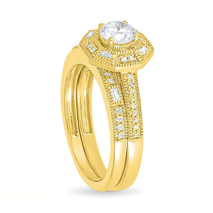 0.75 CT. T.W. Baguette and Round Natural Diamond Octagonal Frame Antique Vintage-Style Bridal Engagement Ring Set in Solid 10K Yellow Gold