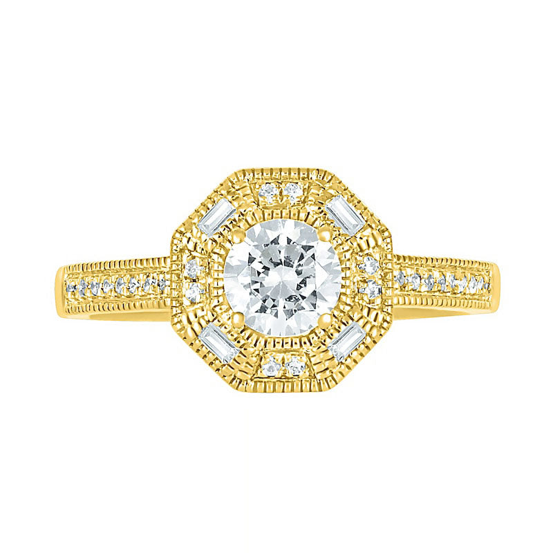 0.75 CT. T.W. Baguette and Round Natural Diamond Octagonal Frame Antique Vintage-Style Bridal Engagement Ring Set in Solid 10K Yellow Gold