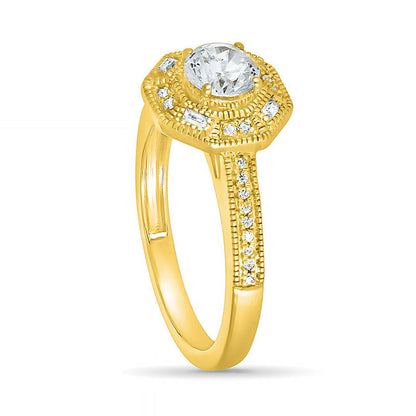 0.75 CT. T.W. Baguette and Round Natural Diamond Octagonal Frame Antique Vintage-Style Bridal Engagement Ring Set in Solid 10K Yellow Gold