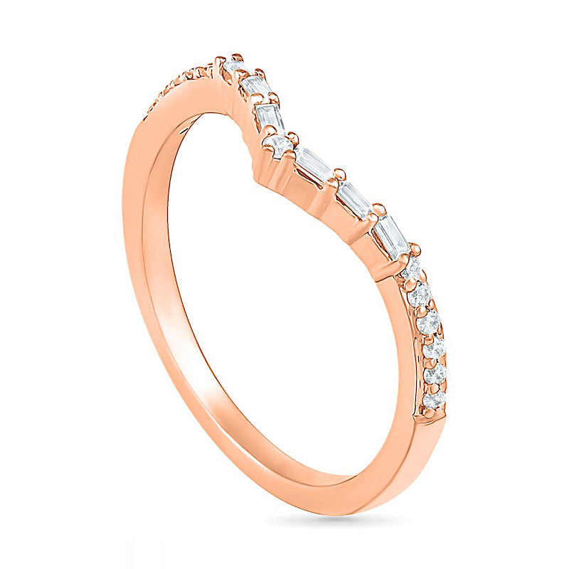 0.17 CT. T.W. Baguette and Round Natural Diamond Chevron Anniversary Band in Solid 10K Rose Gold