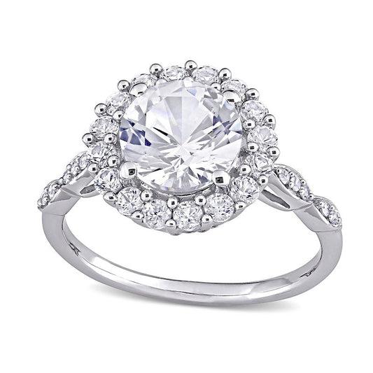 8.0mm White Lab-Created Sapphire and 0.05 CT. T.W. Diamond Frame Art Deco Engagement Ring in Solid 10K White Gold