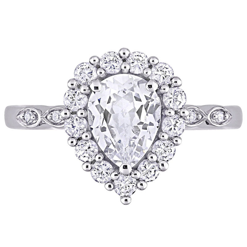 Pear-Shaped White Lab-Created Sapphire and Diamond Accent Frame Art Deco Engagement Ring in Solid 10K White Gold