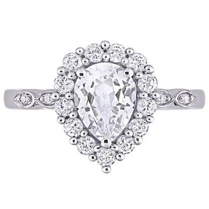 Pear-Shaped White Lab-Created Sapphire and Diamond Accent Frame Art Deco Engagement Ring in Solid 10K White Gold